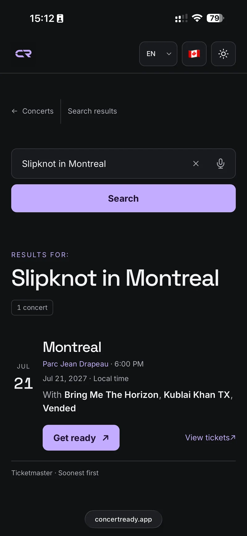 Search results for Slipknot in Montreal with the date, venue and lineup.