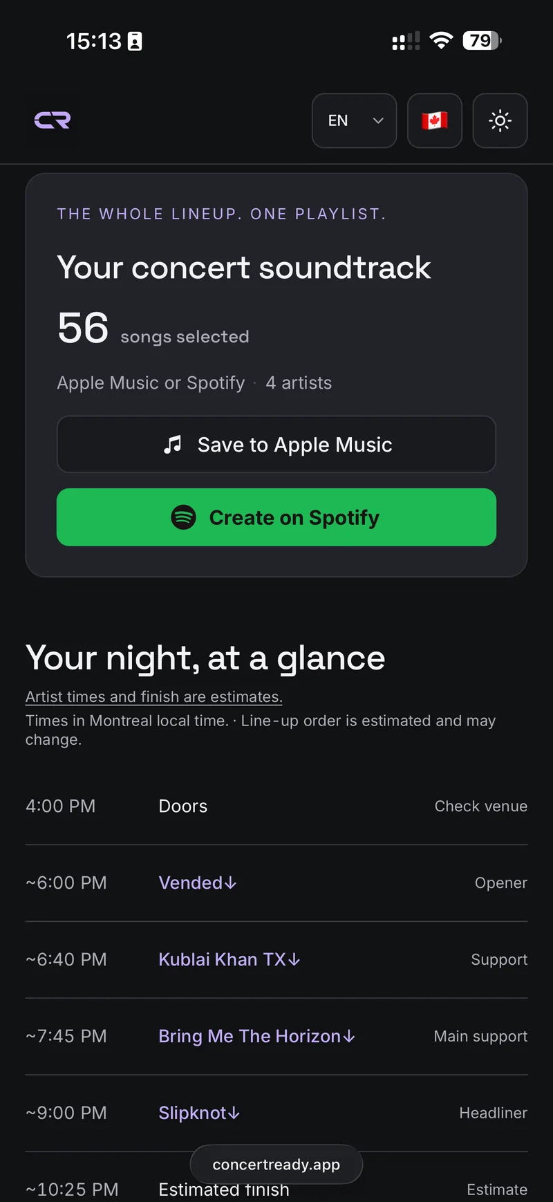 One concert playlist for four artists, with Apple Music and Spotify save buttons.