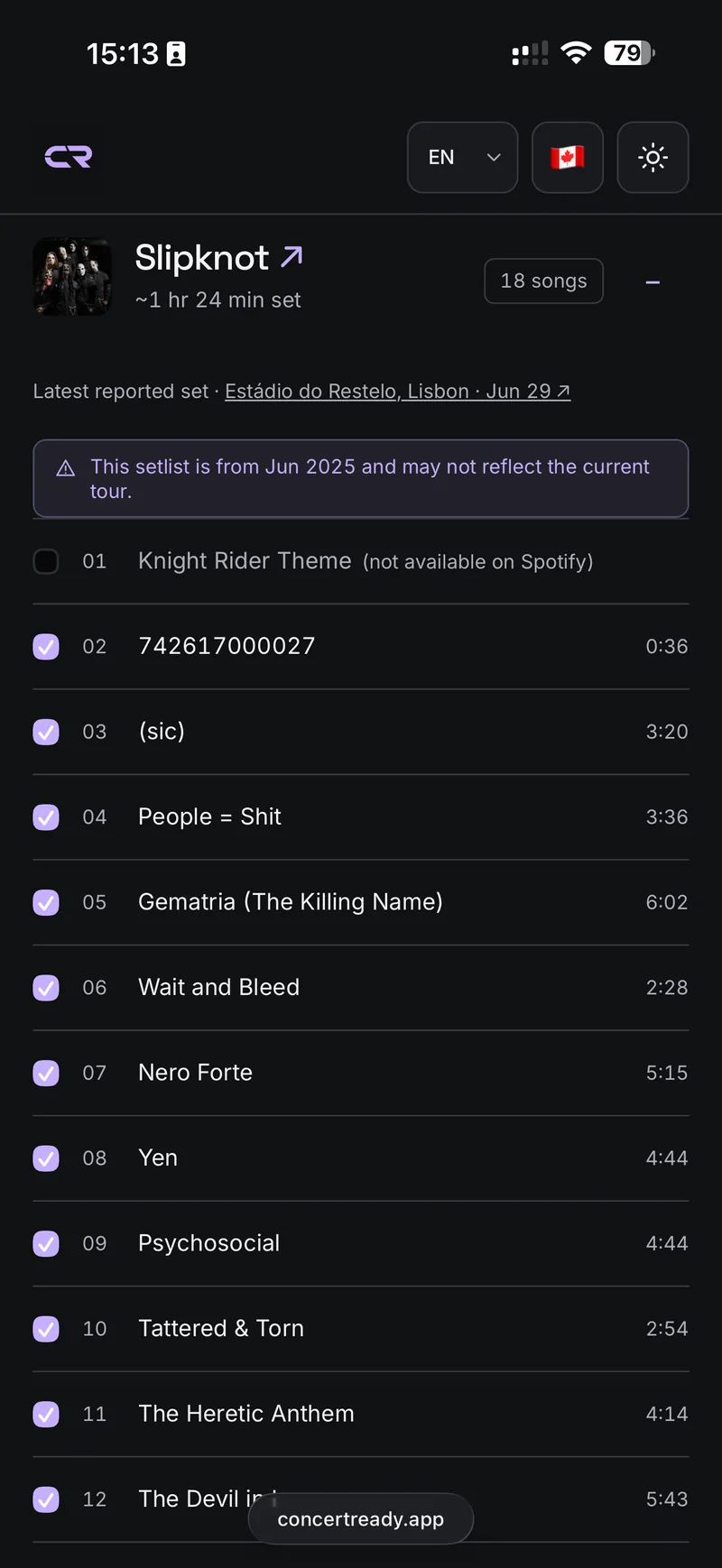 Slipknot song selections, durations and the source setlist date.