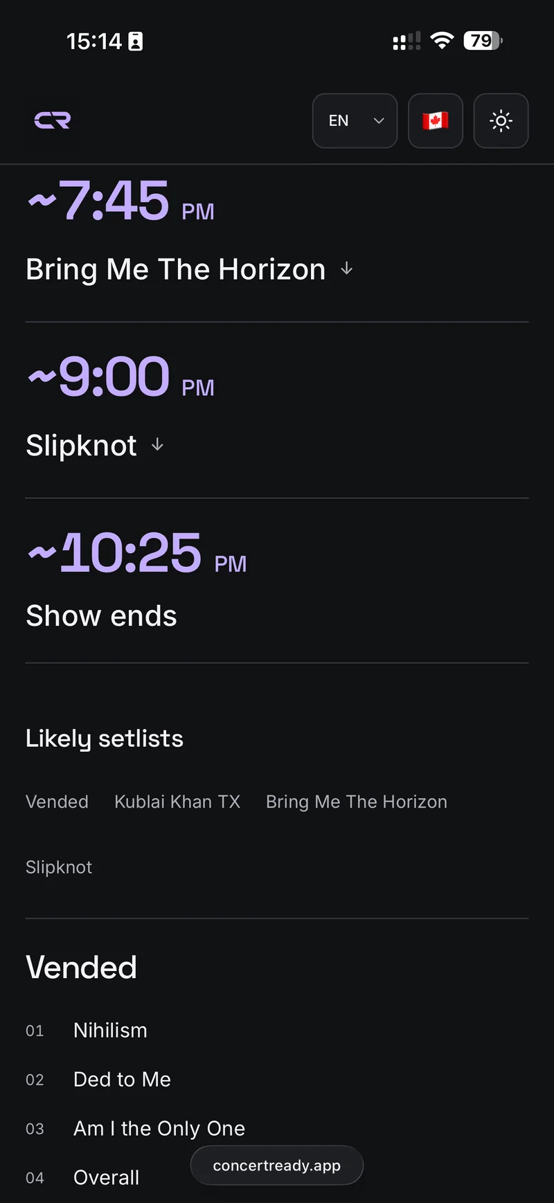 Concert Mode with estimated artist times and likely setlists.