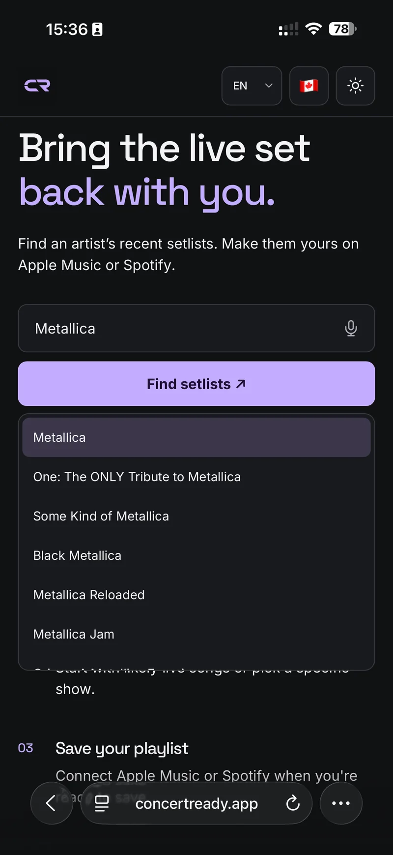 Artist search suggestions for Metallica.
