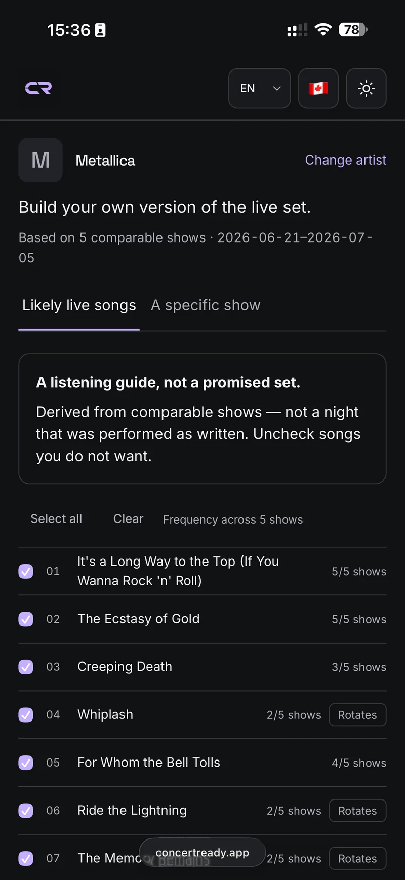 Metallica song selections based on comparable shows, with a specific-show option.