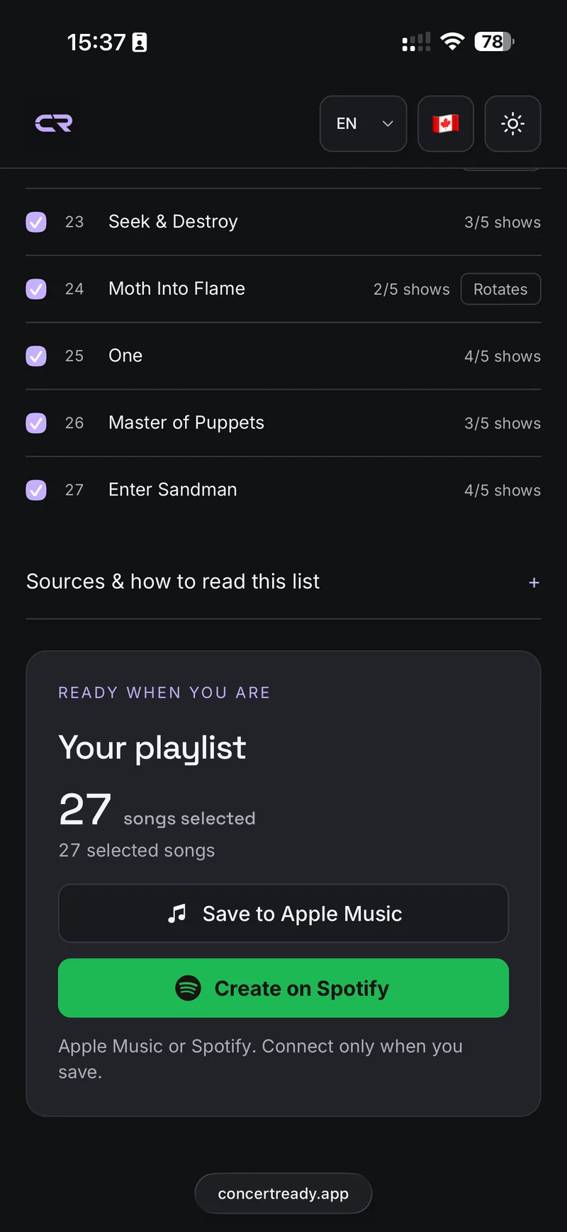 Selected Metallica songs ready to save to Apple Music or Spotify.